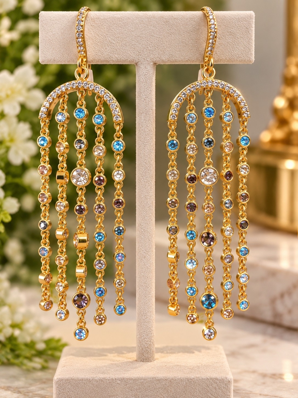 Gold-Tone Multi-Color Crystal Fringe Earrings 221